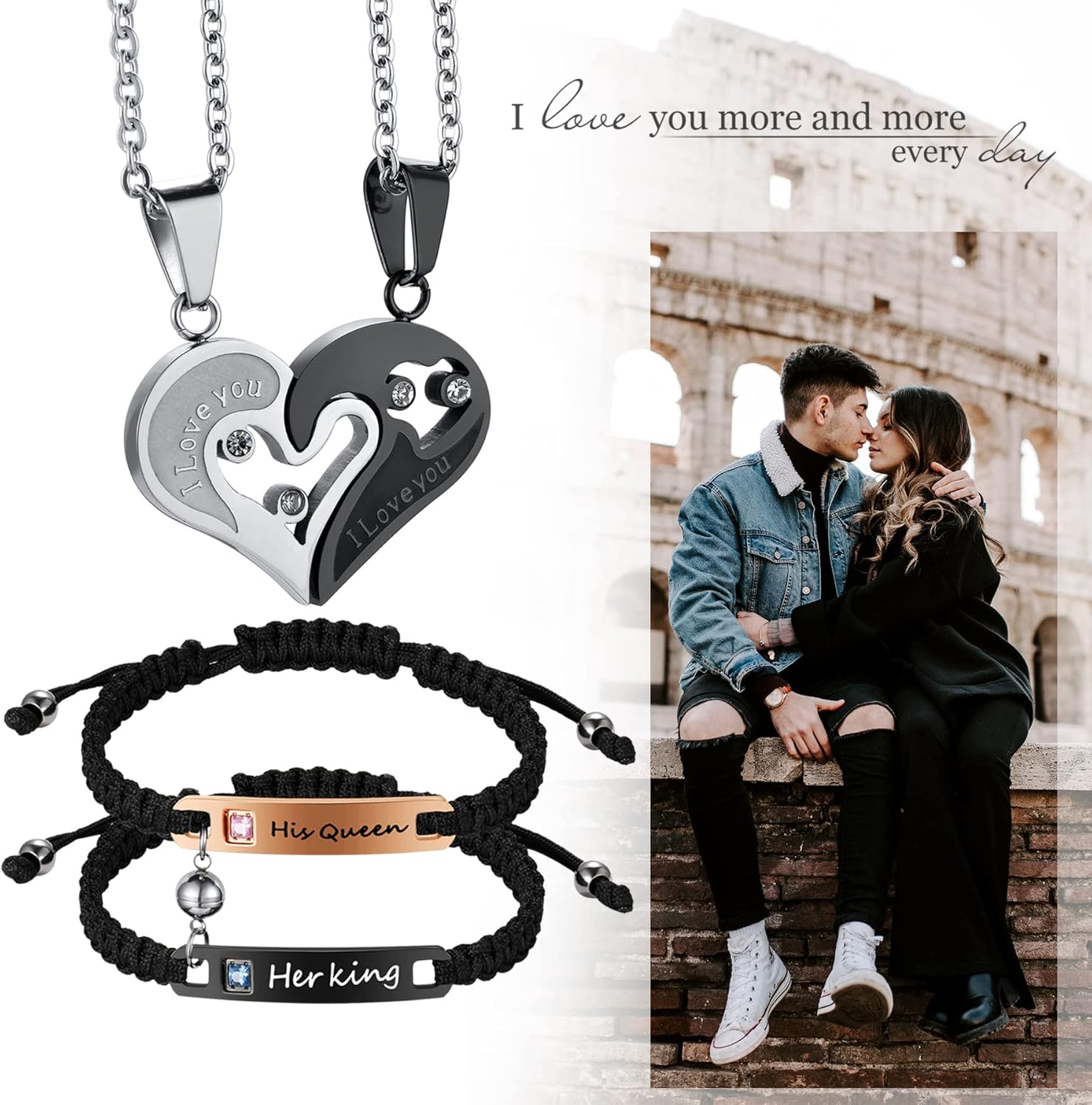 Cupimatch 4pcs His Queen Her King Couple Braided Rope Bracelet I Love You Rhinestone Heart Puzzle Matching Pendant Necklace His and Hers Jewelry Set