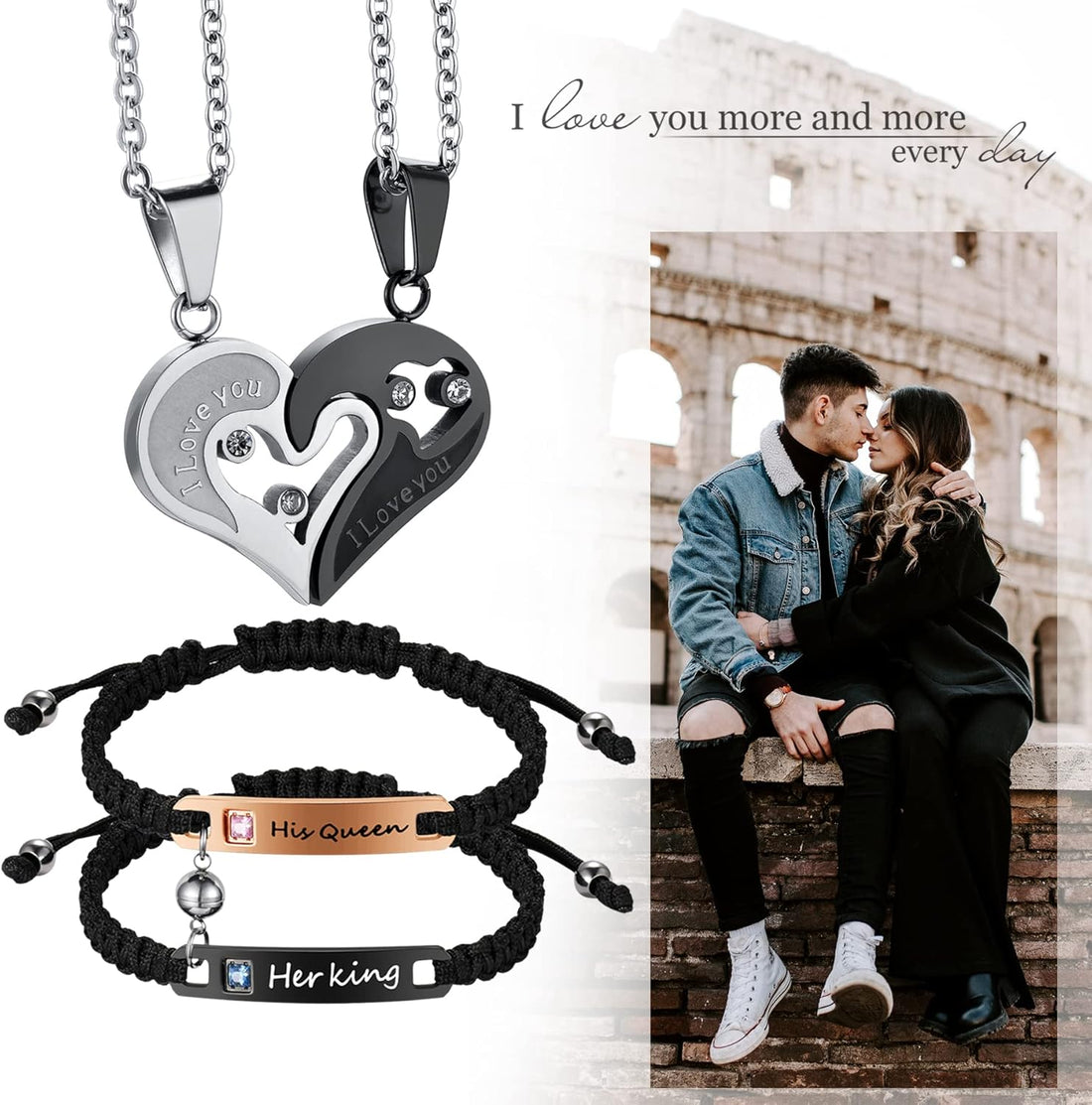 Cupimatch 4pcs His Queen Her King Couple Braided Rope Bracelet I Love You Rhinestone Heart Puzzle Matching Pendant Necklace His and Hers Jewelry Set
