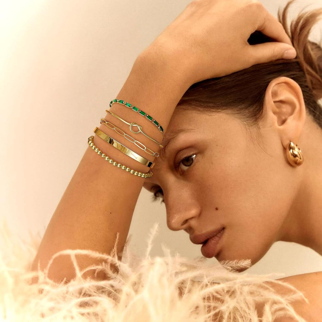 LOLIAS 5 Pcs Gold Bracelets for Women 14k Real Gold Bangle Cuff Bracelet Set Hypoallergenic Gold Beaded Paperclip CZ Tennis Cuban Chain Bracelet Stacking Bracelets Gold Jewellery for Women