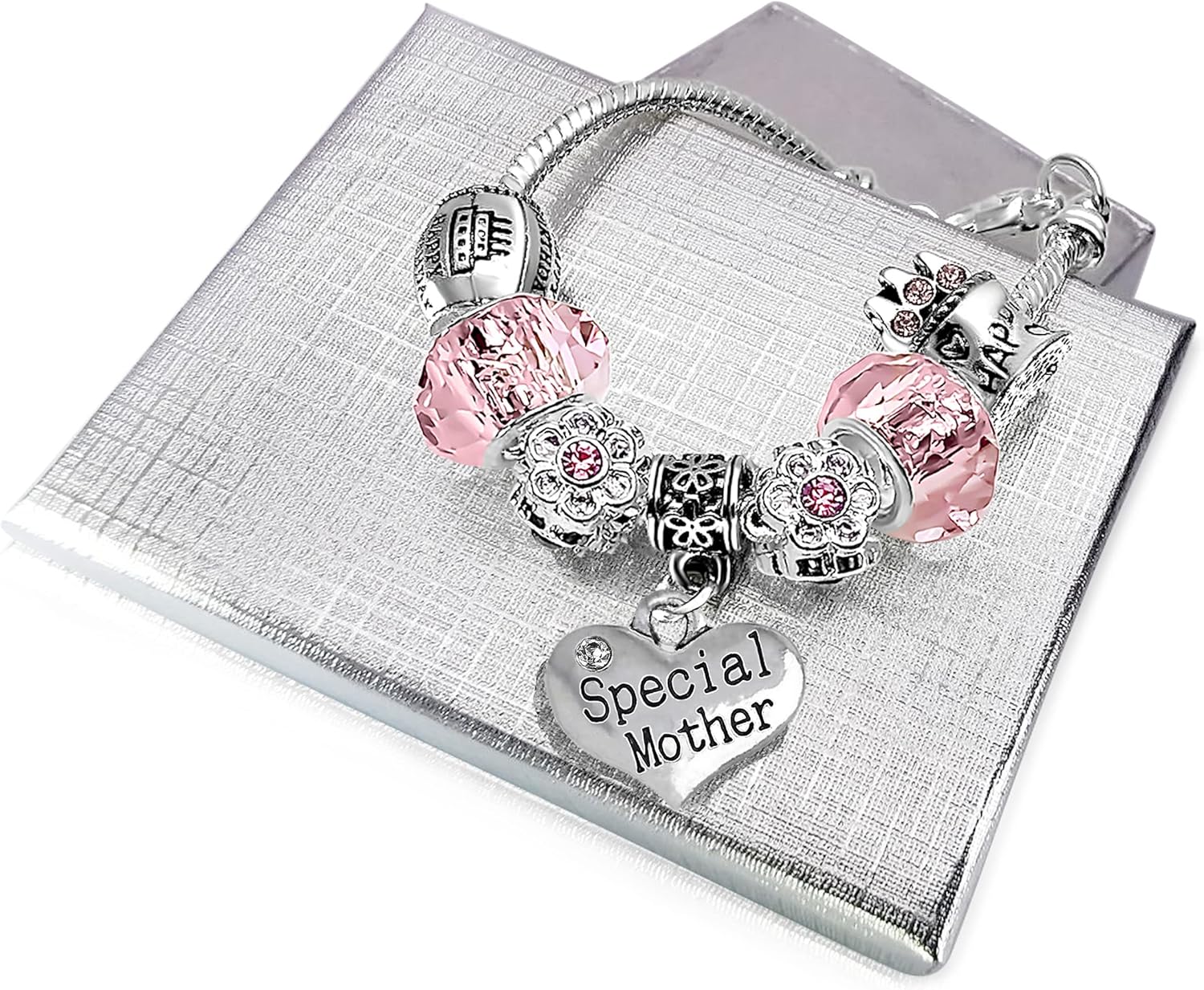 Ladies Personalised Sparkly Pink Crystal Adjustable Birthday Charm Bracelet with Gift Box for Women Birthday Gifts for Her Mum Daughter Sister Auntie Granddaughter Niece Best Friend