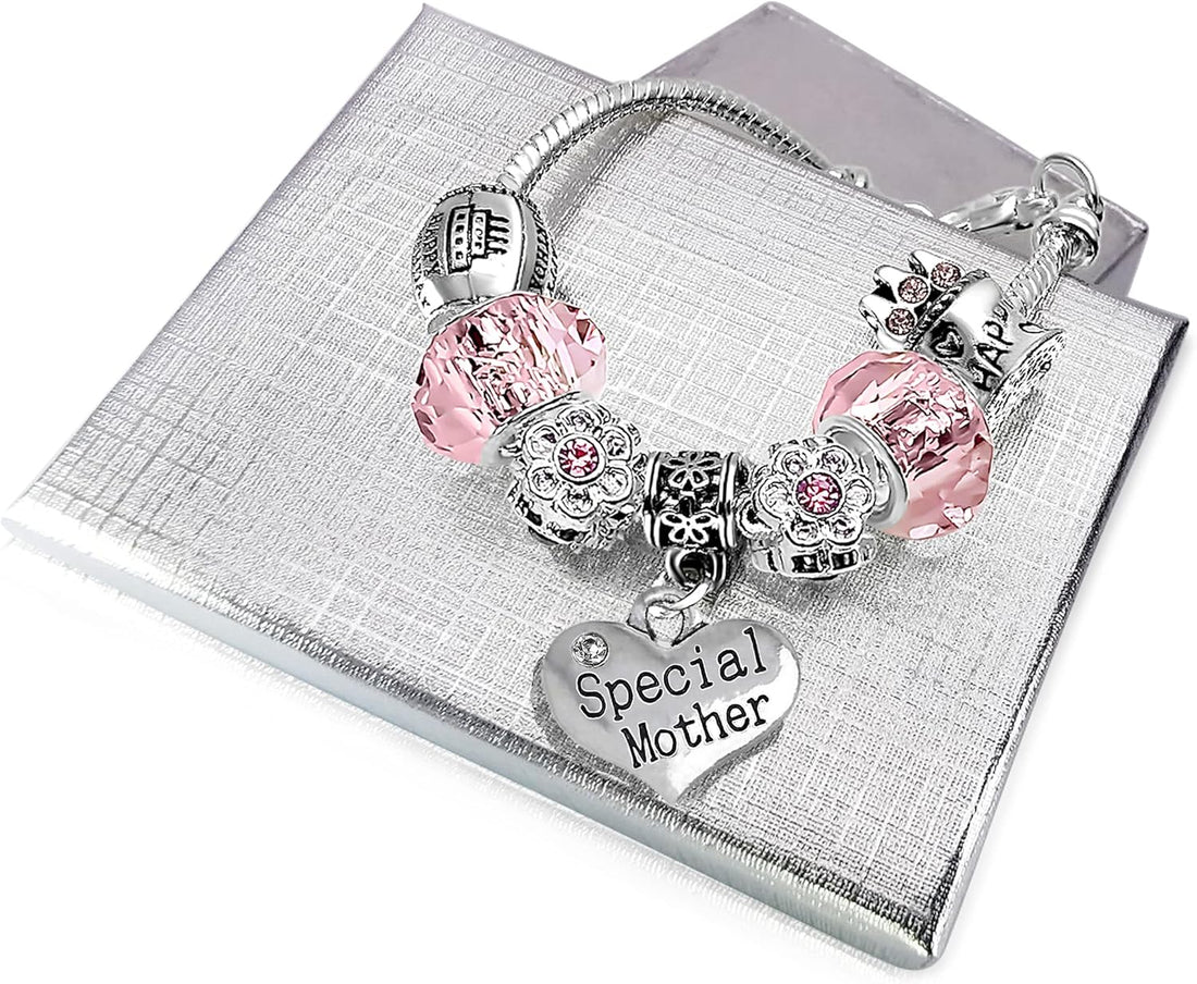 Ladies Personalised Sparkly Pink Crystal Adjustable Birthday Charm Bracelet with Gift Box for Women Birthday Gifts for Her Mum Daughter Sister Auntie Granddaughter Niece Best Friend