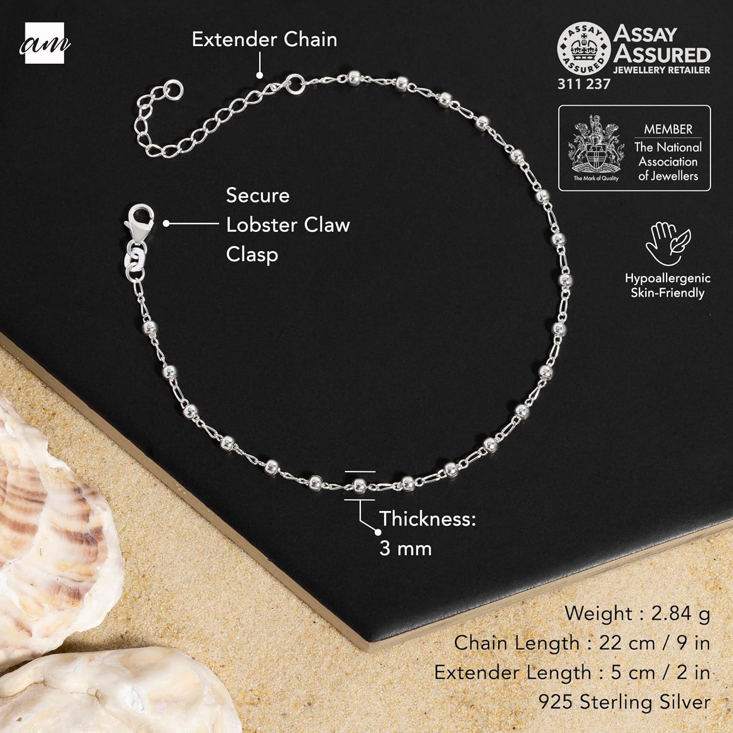 Amberta Italian Sterling Silver Anklet for Women 925 | Adjustable Ankle Bracelets for Women Beaded Heart Summer Jewellery