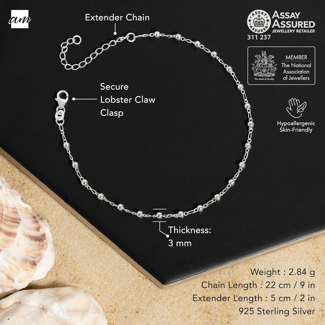 Amberta Italian Sterling Silver Anklet for Women 925 | Adjustable Ankle Bracelets for Women Beaded Heart Summer Jewellery