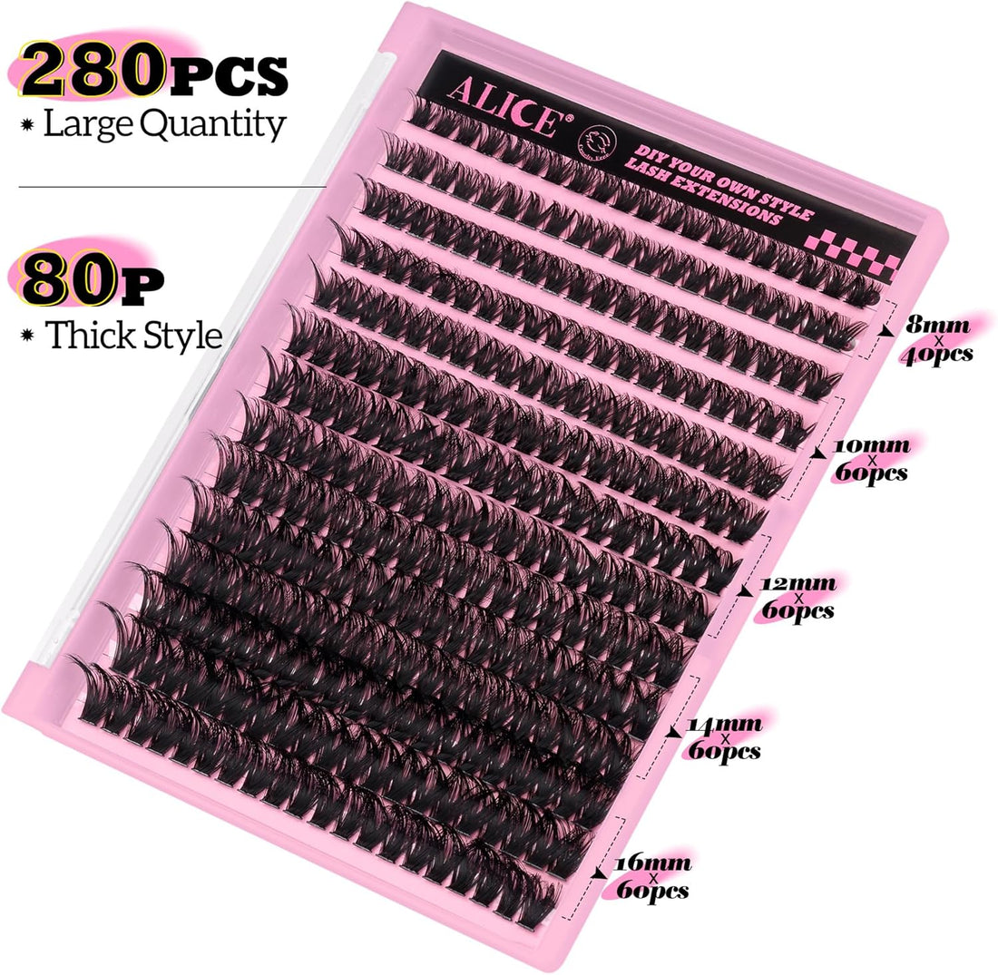280Pcs Wispy Individual Lashes DIY Eyelash Extensions 8-16MM Fluffy D Curl Lash Extensions Lash Clusters 80D Cluster Eyelashes DIY at Home by ALICE