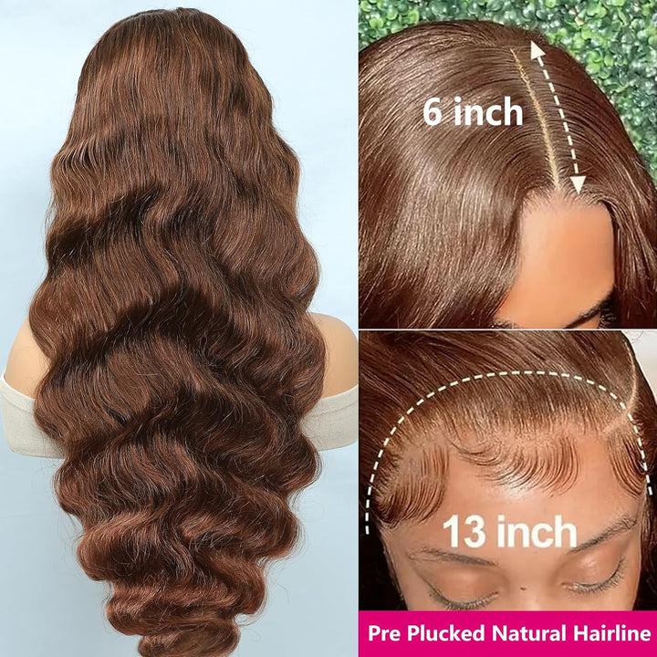 Chocolate Brown 13x6 HD Lace Front Wigs Human Hair, Body Wave Human Hair Wig For Black Women, Glueless Wig Human Hair Pre Plucked With Baby Hair, Brazilian Real Human Hair Lace Frontal Wig 16 Inch