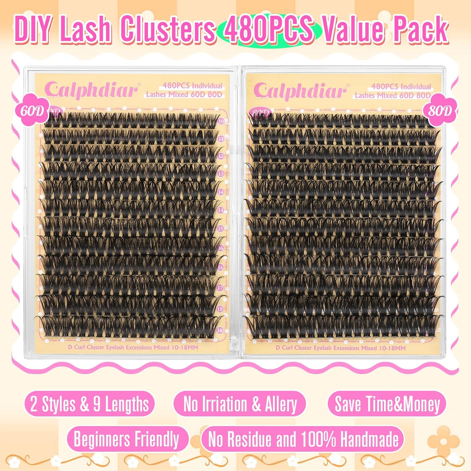 Calphdiar Lash Clusters 60D+80D Thick Individual Eyelashes 480PCS Wispy Cluster Lashes Russian Lashes Individual Cluster Fluffy D Curl Eyelash Clusters 10-18mm for DIY Volume Lash Extensions