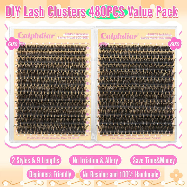 Calphdiar Lash Clusters 60D+80D Thick Individual Eyelashes 480PCS Wispy Cluster Lashes Russian Lashes Individual Cluster Fluffy D Curl Eyelash Clusters 10-18mm for DIY Volume Lash Extensions