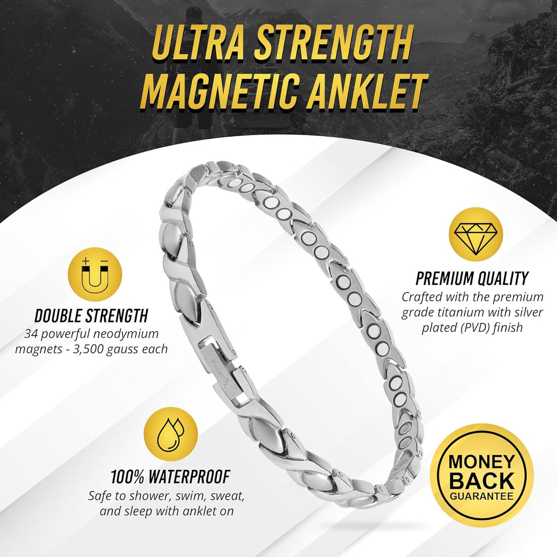 MagnetRX® Women's Magnetic Ankle Bracelet - Ultra Strength With 34 Magnets - Titanium Anklets for Women (Silver)