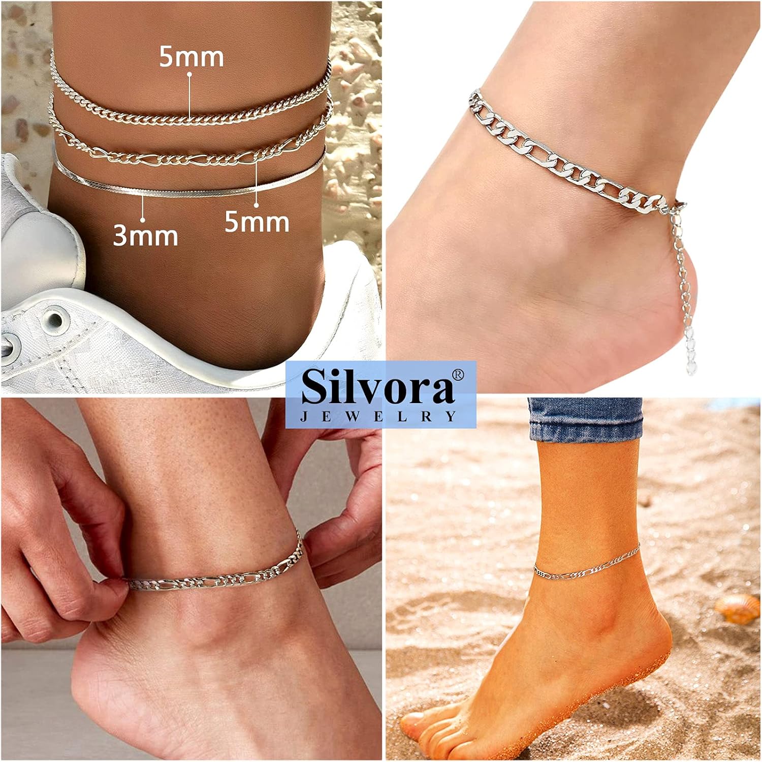 Ankle Bracelet Sterling Silver Figaro Anklet Chain for Women Teen Women Feet Sturdy Chains