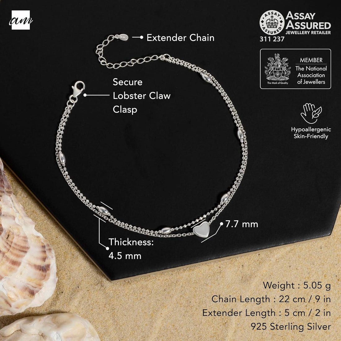 Amberta Italian Sterling Silver Anklet for Women 925 | Adjustable Ankle Bracelets for Women Beaded Heart Summer Jewellery