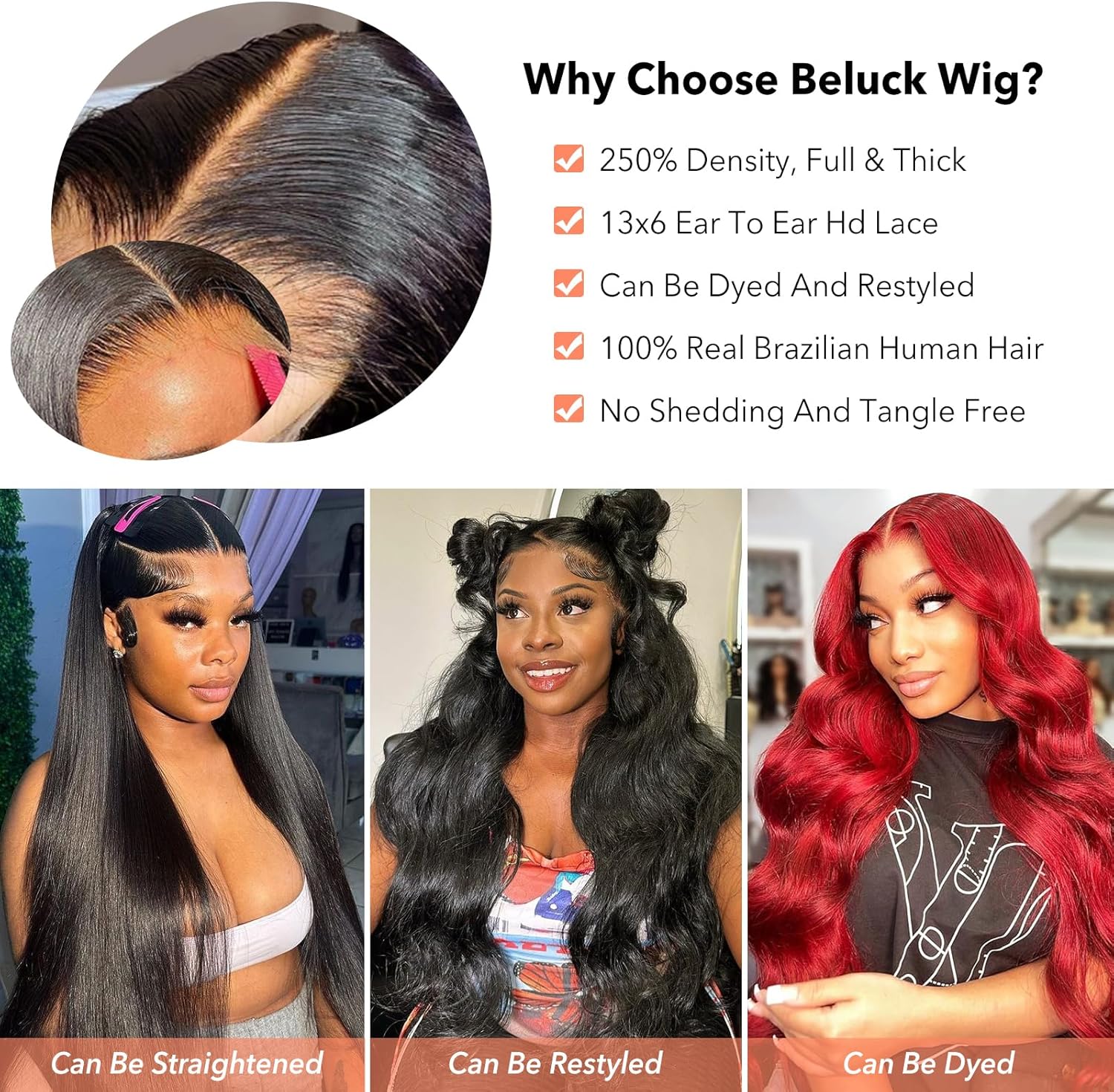 Beluck 250 Density Glueless Human Hair Wig For Black Women, 13x6 HD Lace Front Wigs Human Hair Pre Plucked Baby Hair, Body Wave Lace Front Wig Black Frontal Wigs Real Brazilian Human Hair 20 Inch