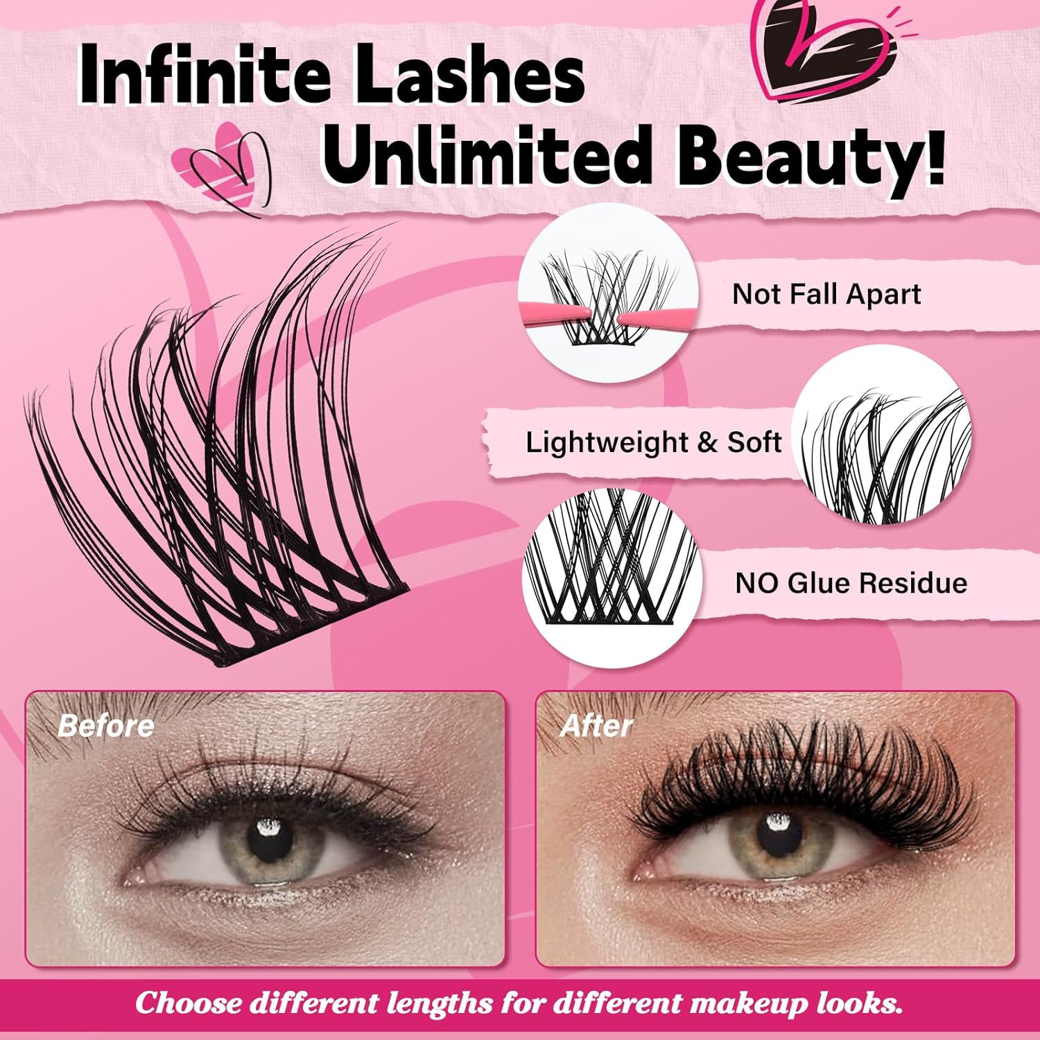 PRO Lash Extension Kit Natural Individual Lashes D Curl Cluster Eyelash 8-16mm Individual lashes Kit with Bond, Lash Remover, Seal (Natural04-8-16mix)