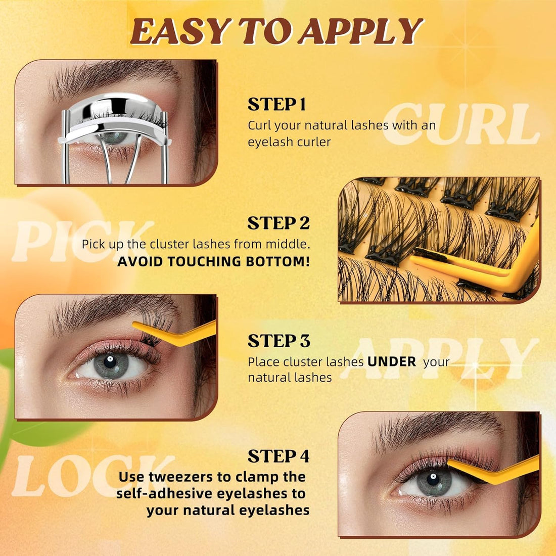 QUEWEL Pre Glued Eyelashes Natural Lash Clusters, C Curve Pre Glued Cluster Lashes, Strong Hold 10-16MM No Glue Needed Self Adhesive Eyelashes DIY at Home(MJ02-DH)
