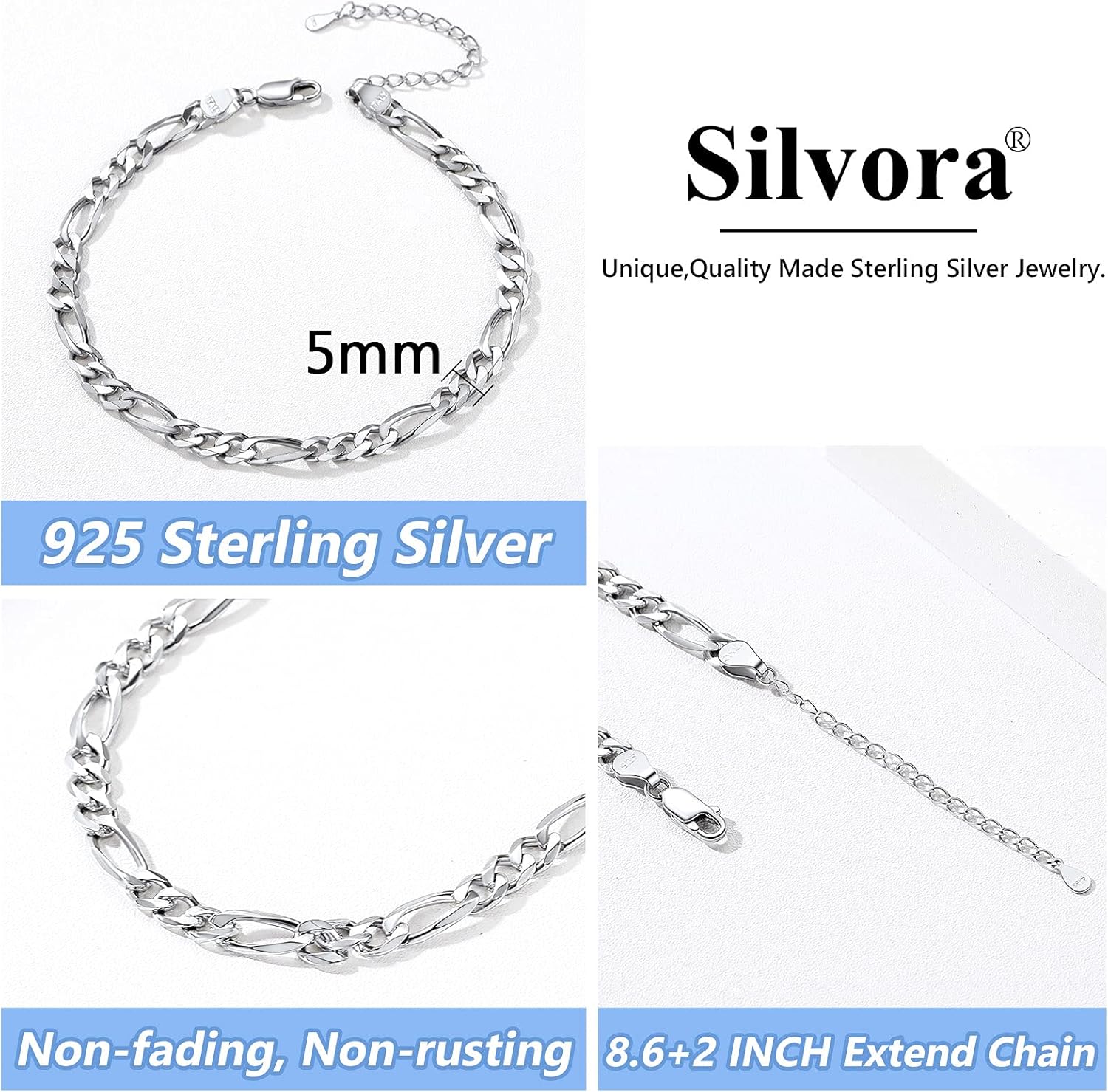 Ankle Bracelet Sterling Silver Figaro Anklet Chain for Women Teen Women Feet Sturdy Chains