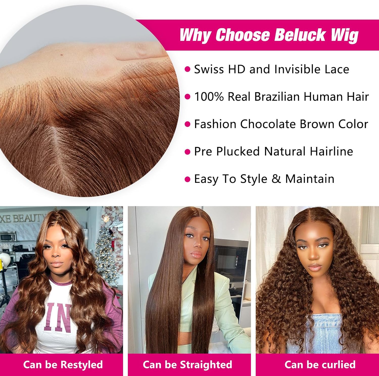Chocolate Brown 13x6 HD Lace Front Wigs Human Hair, Body Wave Human Hair Wig For Black Women, Glueless Wig Human Hair Pre Plucked With Baby Hair, Brazilian Real Human Hair Lace Frontal Wig 16 Inch