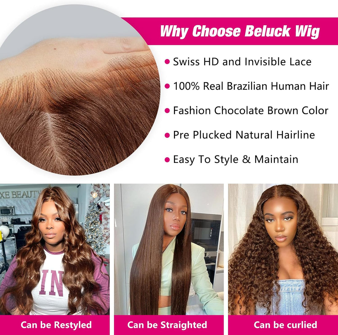 Chocolate Brown 13x6 HD Lace Front Wigs Human Hair, Body Wave Human Hair Wig For Black Women, Glueless Wig Human Hair Pre Plucked With Baby Hair, Brazilian Real Human Hair Lace Frontal Wig 16 Inch