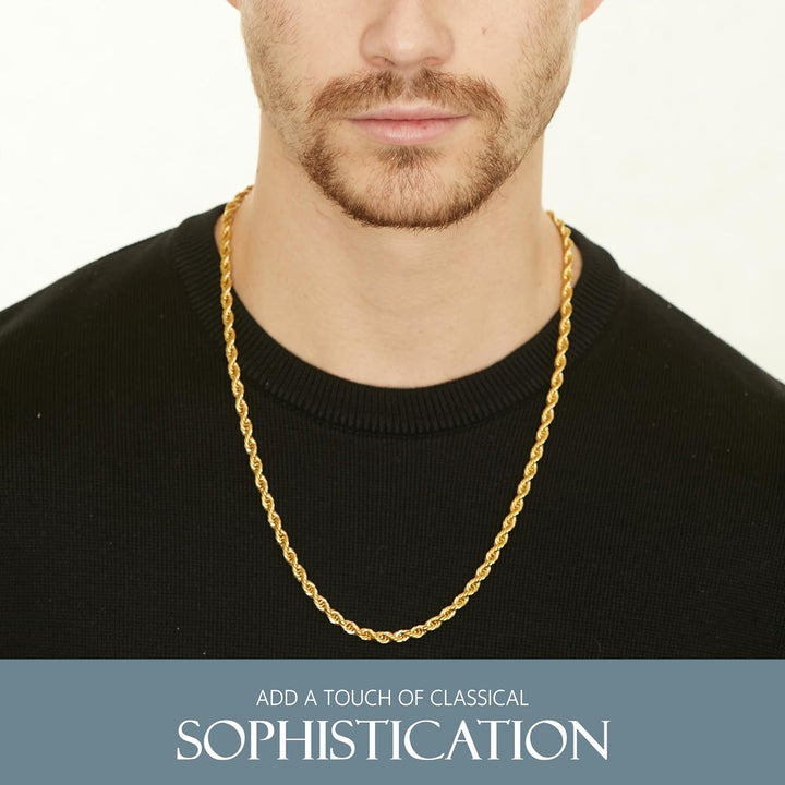 KISPER 18k Gold Hip Hop Braided Rope Chain Necklace – 2mm, 3mm, 5mm Gold Plated Solid Stainless Steel Durable Jewelry for Women & Men with Lobster Clasp