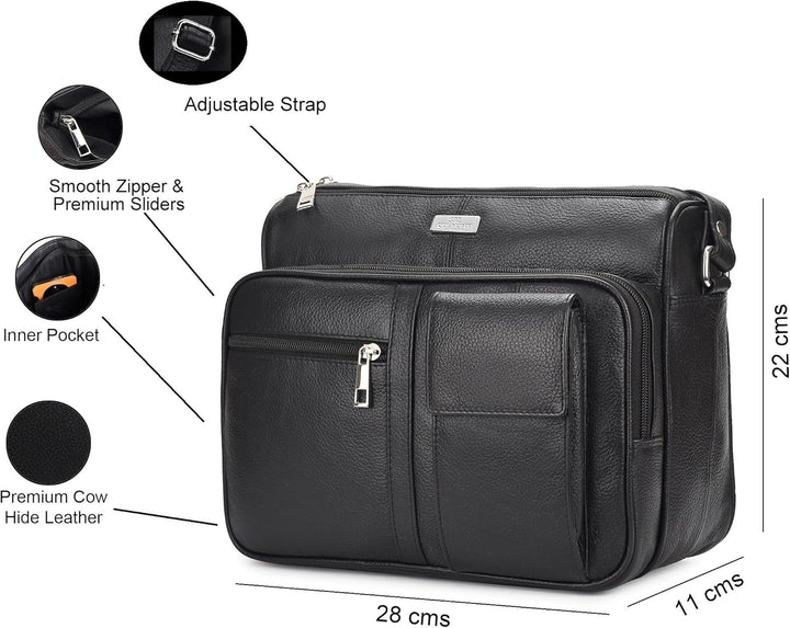 Quenchy London Ladies Real Leather Handbag - Cross Body Shoulder Hand Bag with 6 Pockets – Large Phone Holder – Single Adjustable Across Chest Strap - Designer Satchel Side Style - QL189M