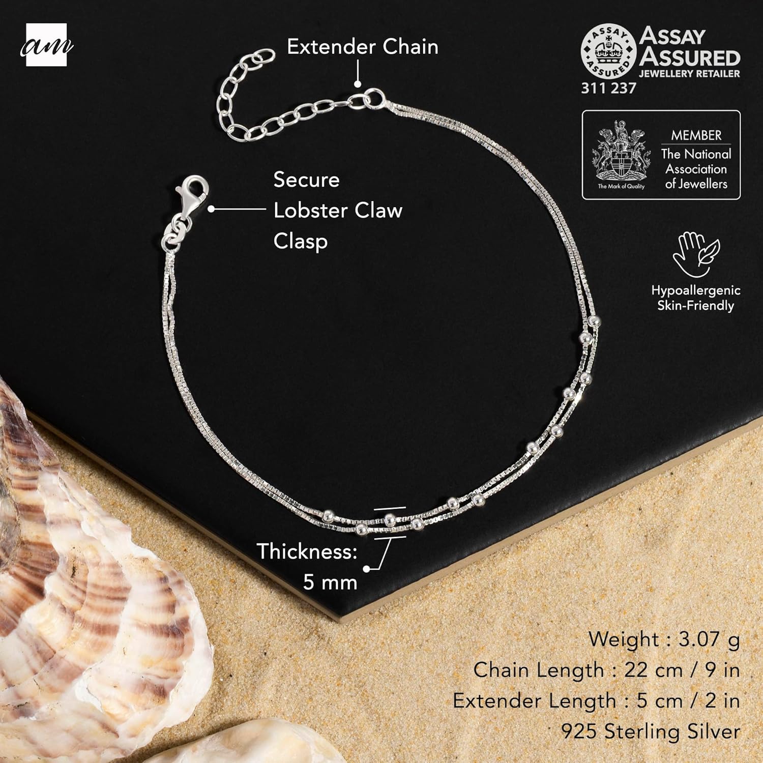 Amberta Italian Sterling Silver Anklet for Women 925 | Adjustable Ankle Bracelets for Women Beaded Heart Summer Jewellery