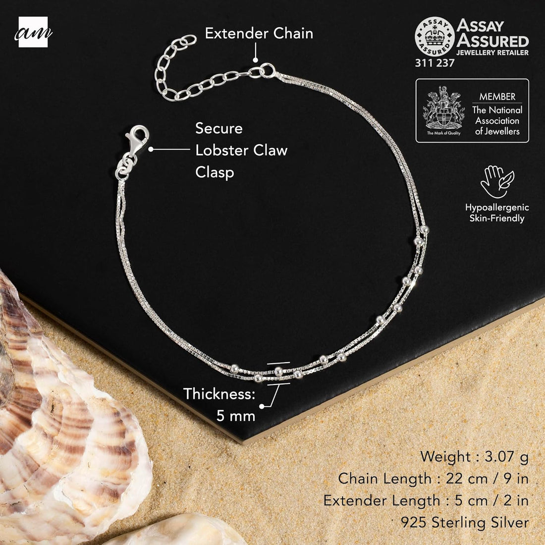 Amberta Italian Sterling Silver Anklet for Women 925 | Adjustable Ankle Bracelets for Women Beaded Heart Summer Jewellery