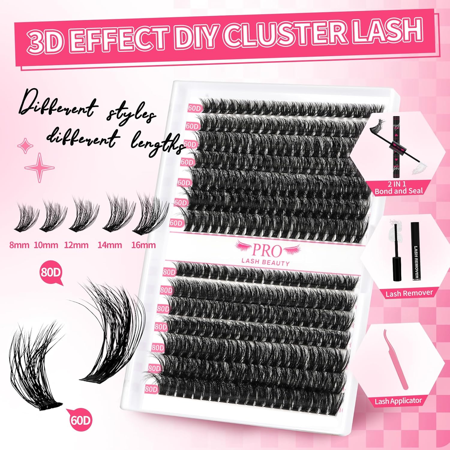 Cluster Lashes Kit 3D Style Individual Lashes Kit with 280 Pcs Lash Clusters Lash Bond and Seal Lash Tweezers Eyelash Remover Easy to Apply at Home