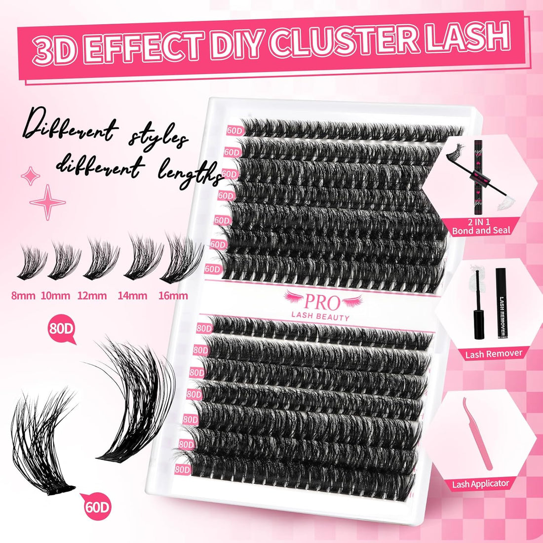Cluster Lashes Kit 3D Style Individual Lashes Kit with 280 Pcs Lash Clusters Lash Bond and Seal Lash Tweezers Eyelash Remover Easy to Apply at Home