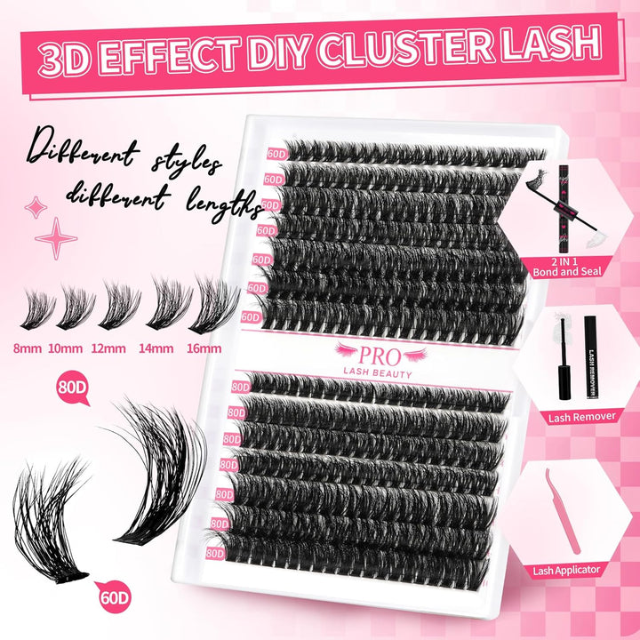 Cluster Lashes Kit 3D Style Individual Lashes Kit with 280 Pcs Lash Clusters Lash Bond and Seal Lash Tweezers Eyelash Remover Easy to Apply at Home