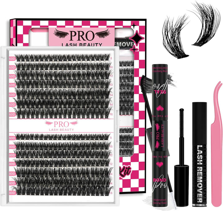 Cluster Lashes Kit 3D Style Individual Lashes Kit with 280 Pcs Lash Clusters Lash Bond and Seal Lash Tweezers Eyelash Remover Easy to Apply at Home