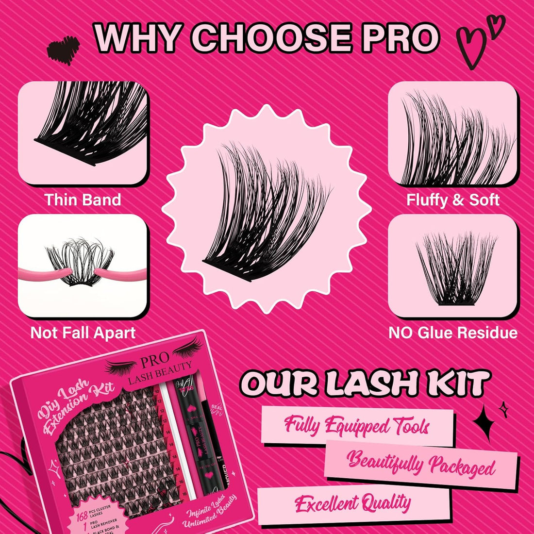 PRO Lash Clusters Kit DIY Lash Extension Kit with 168 Pcs Individual Lashes Cluster Lashes Bond and Seal Eyelash Applictor Lash Remover Eyelash Extension Kit for Beignner(Into You-01 Kit)