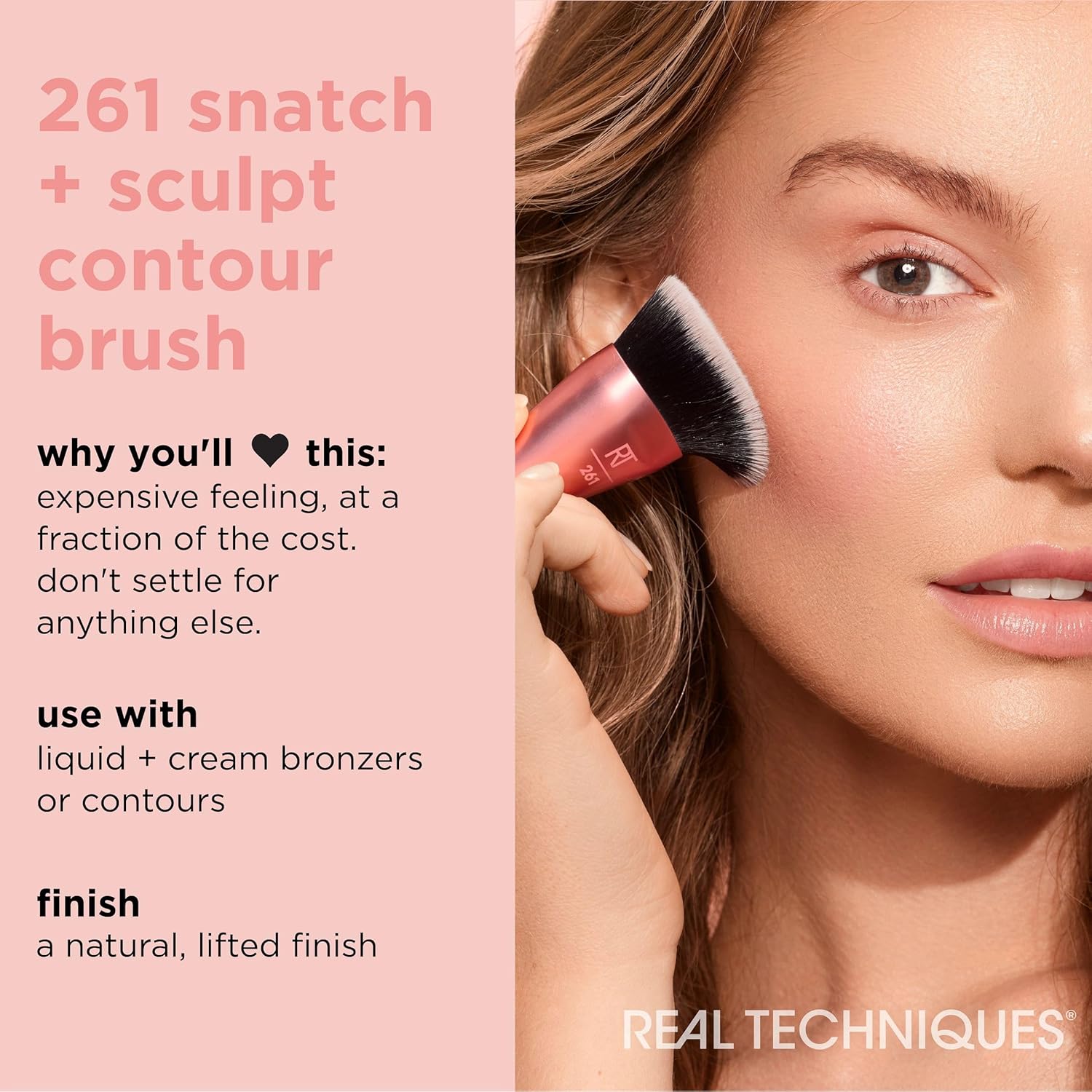 Real Techniques Snatch + Sculpt Contour Makeup Brush, For Liquid and Cream Contour and Bronzer, Flat Top and Oval Head For Blending and Buffing, Dense,1 Count