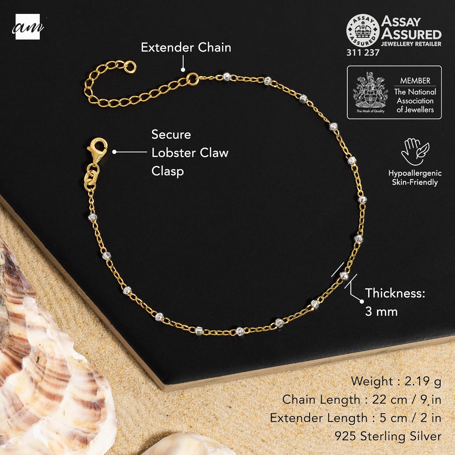 Amberta Italian Sterling Silver Anklet for Women 925 | Adjustable Ankle Bracelets for Women Beaded Heart Summer Jewellery