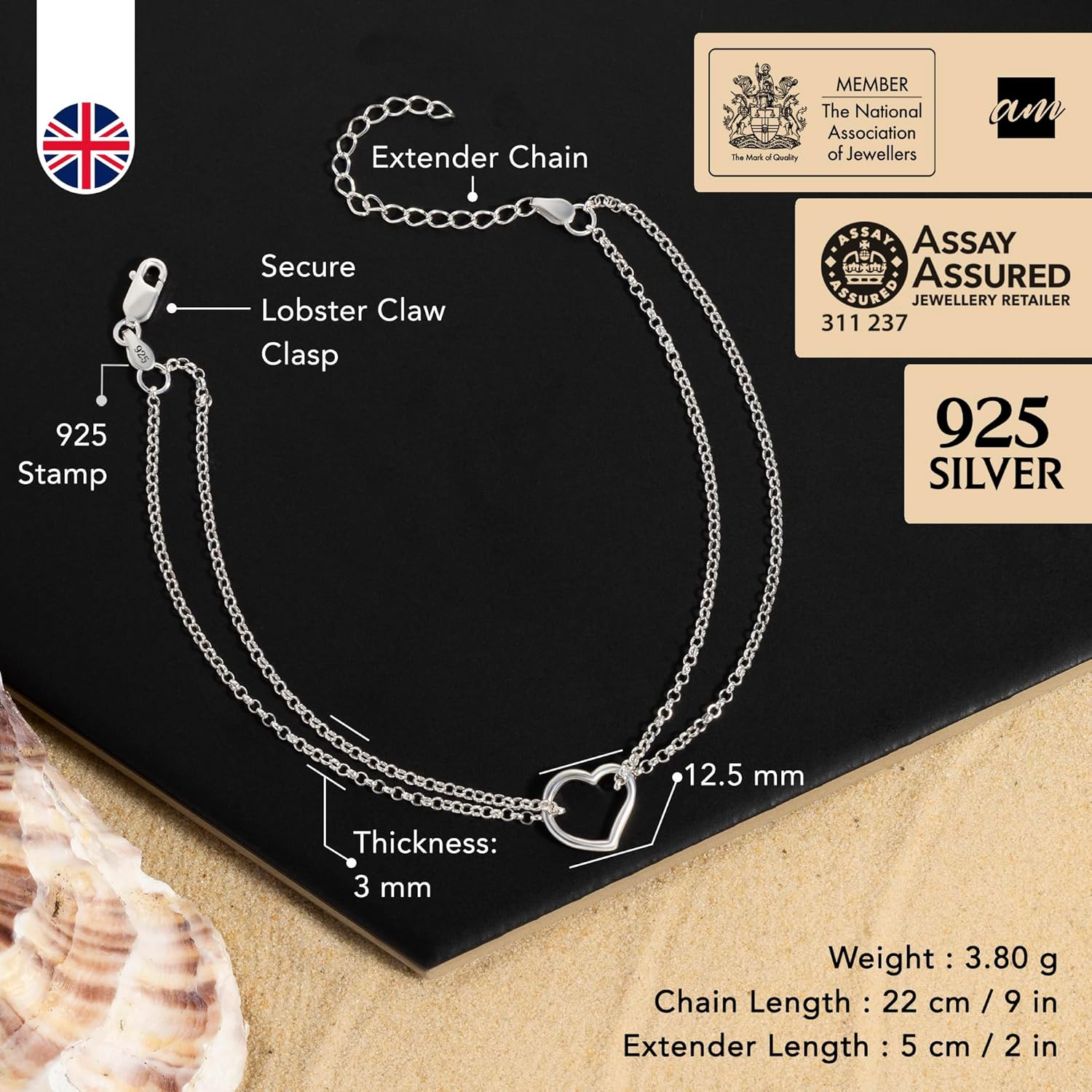 Amberta Italian Sterling Silver Anklet for Women 925 | Adjustable Ankle Bracelets for Women Beaded Heart Summer Jewellery