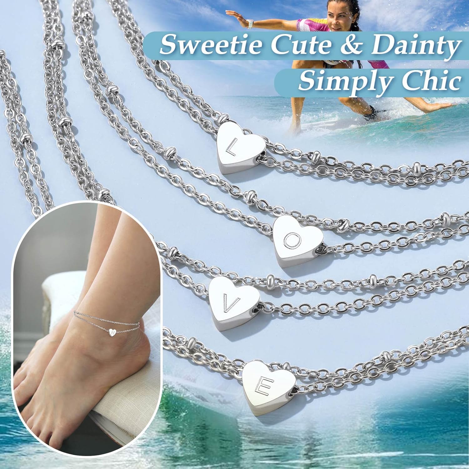 ChainsPro Women Initial Anklet, Heart Anklets for Women, A-Z Letter Ankle Bracelets Double-Layer, Adjustable Silver/Gold Plated Foot Chain Summer Beach