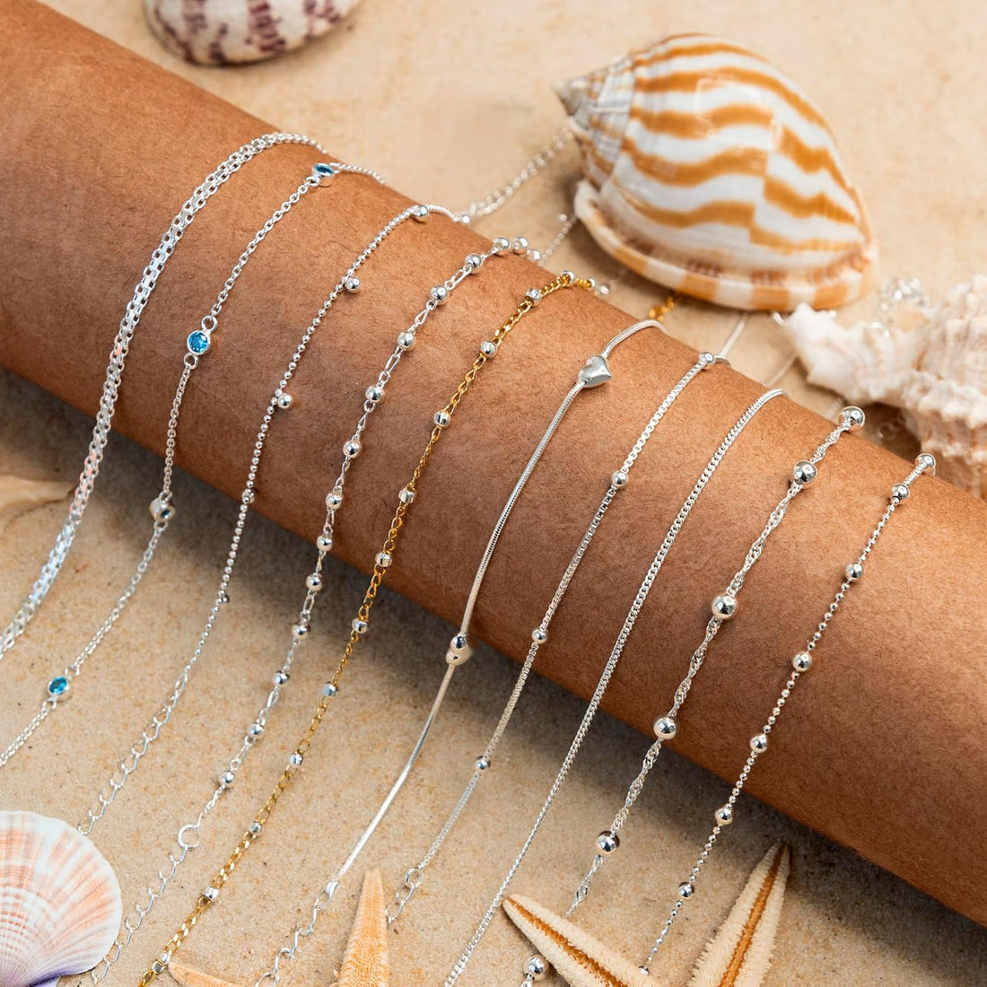 Amberta Italian Sterling Silver Anklet for Women 925 | Adjustable Ankle Bracelets for Women Beaded Heart Summer Jewellery