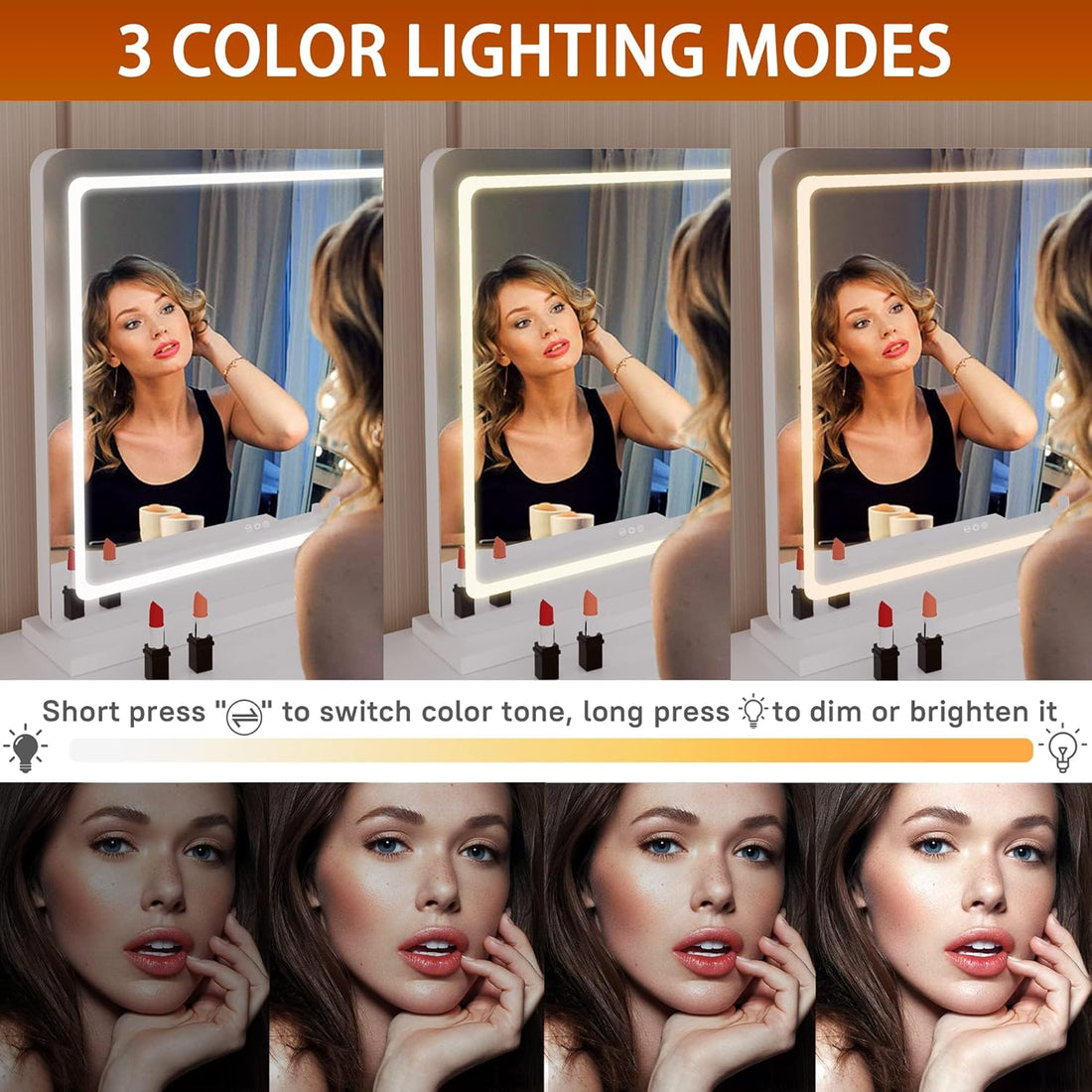 Hasipu Vanity Mirror with Lights, 58 x 48cm LED Makeup Mirror, Lighted Make up Mirrors with Dimmable 3 Modes, Touch Screen Control Vanity Mirrors Round White