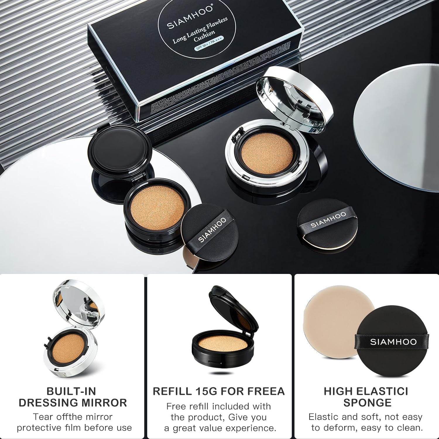 SIAMHOO Air Cushion CC Cream Foundation Full Coverage Makeup Sunscreen SPF50+ Lightweight Long-lasting Oil Control for All Skin Types, Refill Included, 15g*2 (Natural)