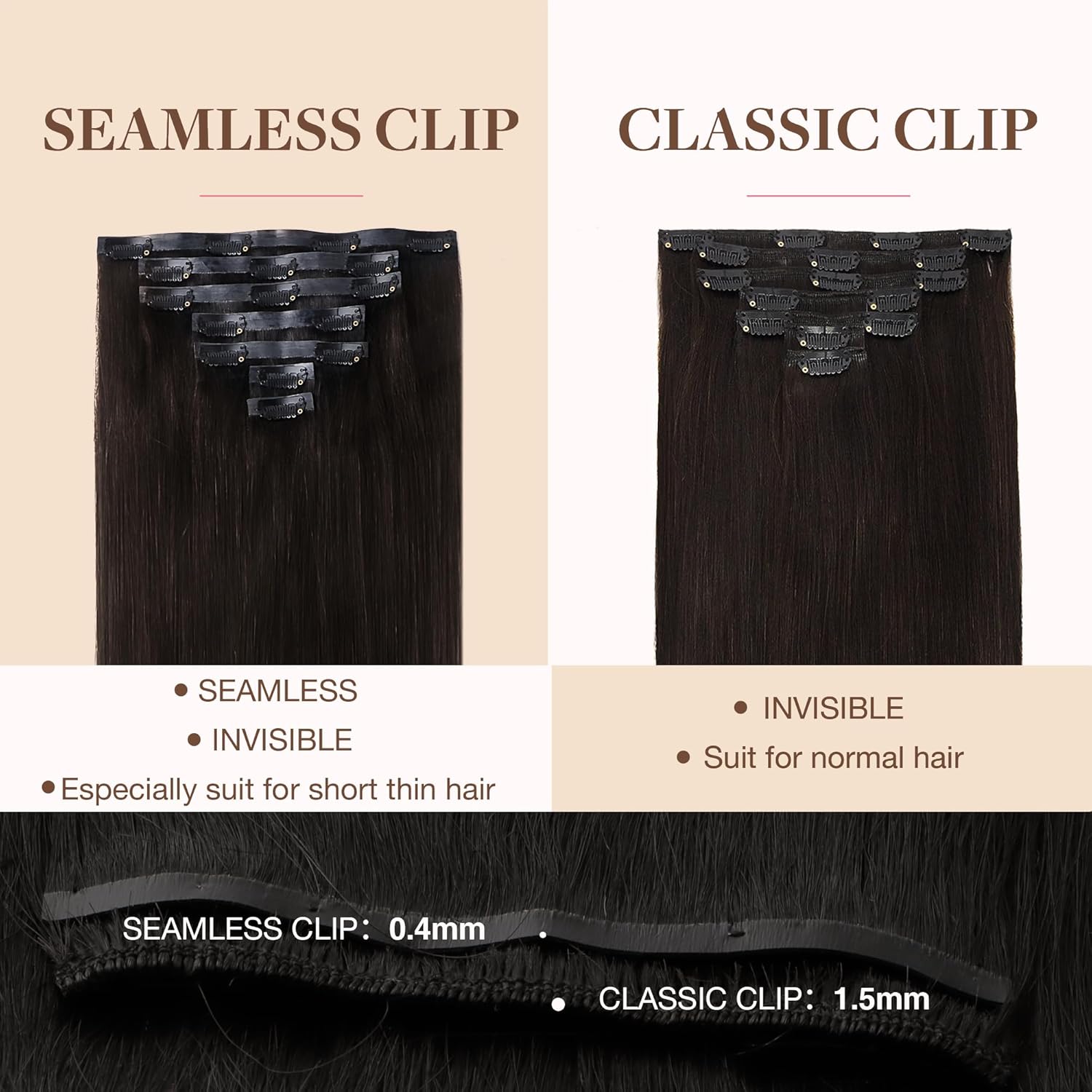 GOO GOO Seamless Clip in Human Hair Extensions, 16inch 110g 7pcs, Hair Extensions Clip in, 2 Dark Brown