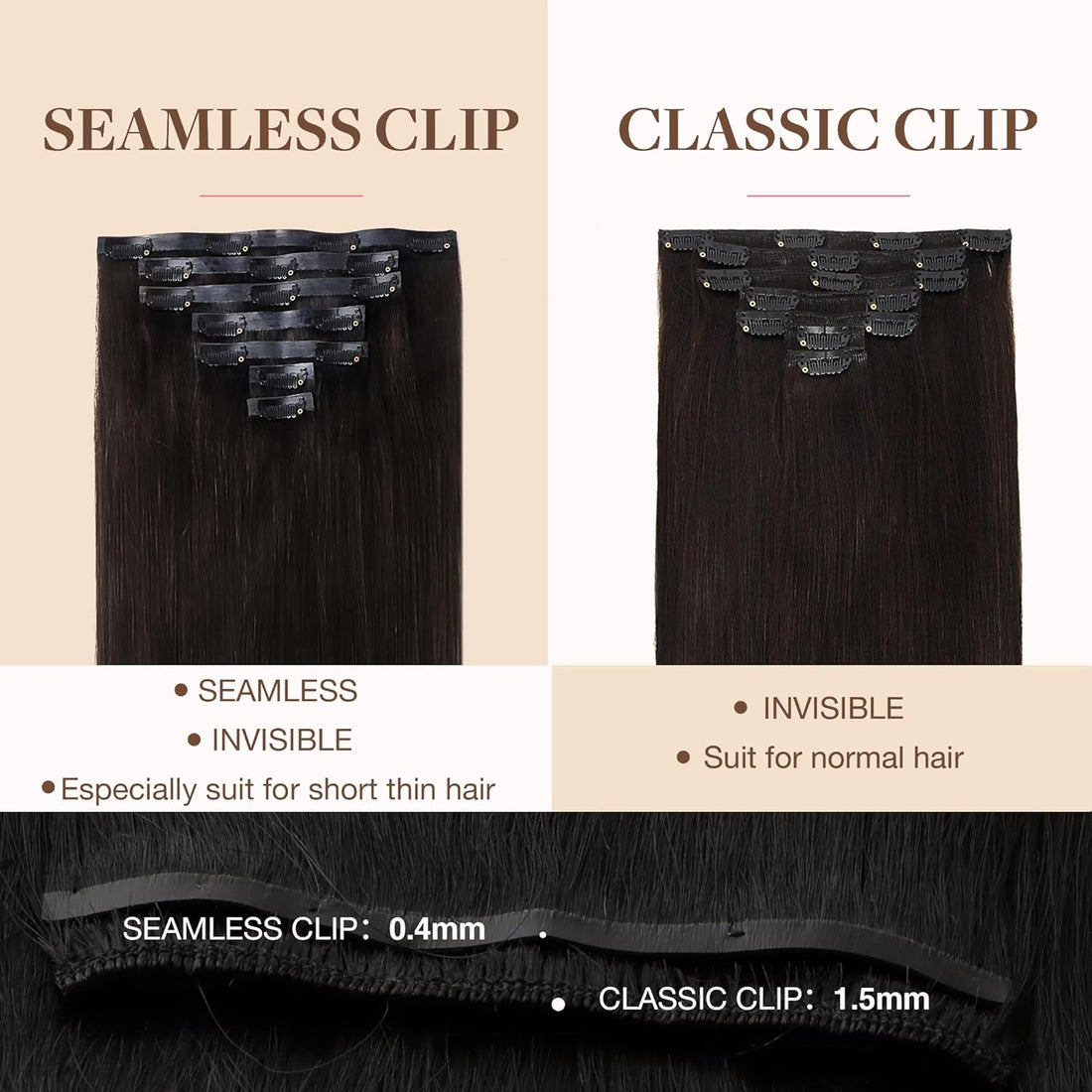 GOO GOO Seamless Clip in Human Hair Extensions, 16inch 110g 7pcs, Hair Extensions Clip in, 2 Dark Brown