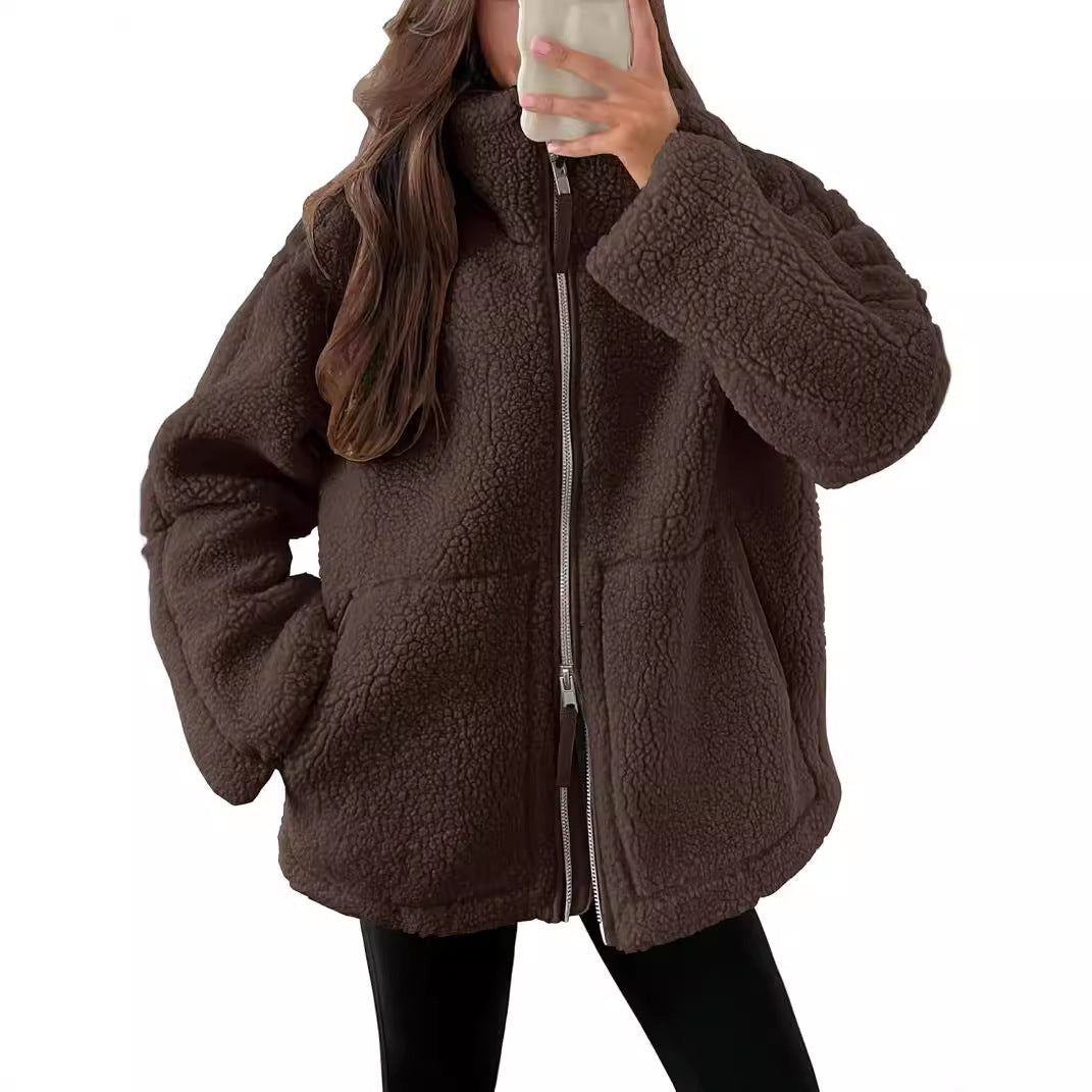 Winter Lapel Zip-up Coat With Pockets Casual Fashion