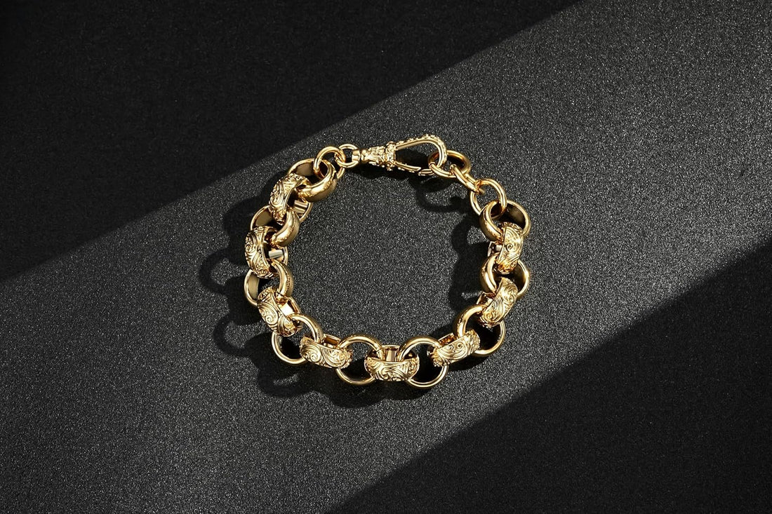 12mm/18mm Gold Ornate/Crystal Pattern Belcher Bracelet, 8-Inch, PVD Gold Plated – Bling King London