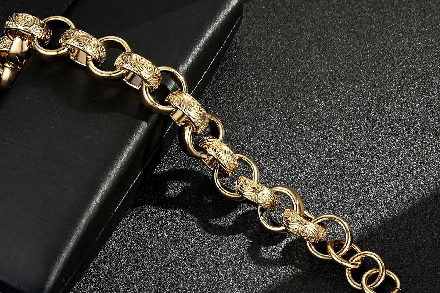 12mm/18mm Gold Ornate/Crystal Pattern Belcher Bracelet, 8-Inch, PVD Gold Plated – Bling King London