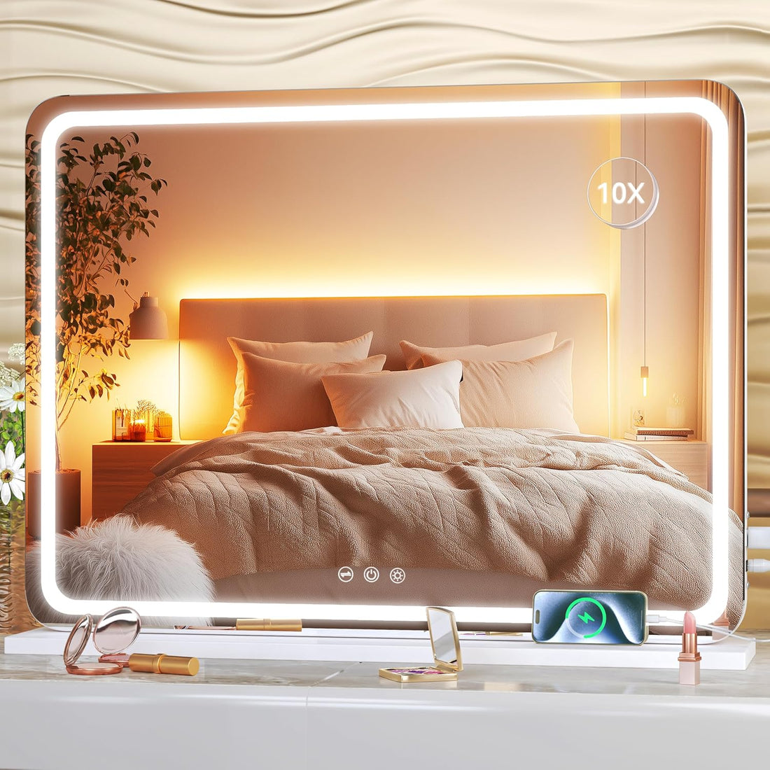 Hasipu Vanity Mirror with Lights, 58 x 48cm LED Makeup Mirror, Lighted Make up Mirrors with Dimmable 3 Modes, Touch Screen Control Vanity Mirrors Round White