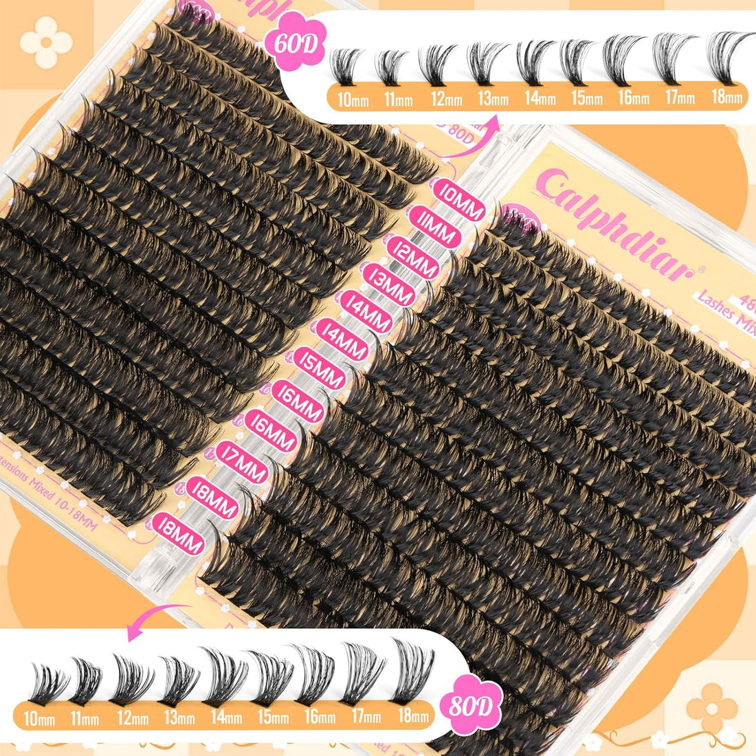 Calphdiar Lash Clusters 60D+80D Thick Individual Eyelashes 480PCS Wispy Cluster Lashes Russian Lashes Individual Cluster Fluffy D Curl Eyelash Clusters 10-18mm for DIY Volume Lash Extensions