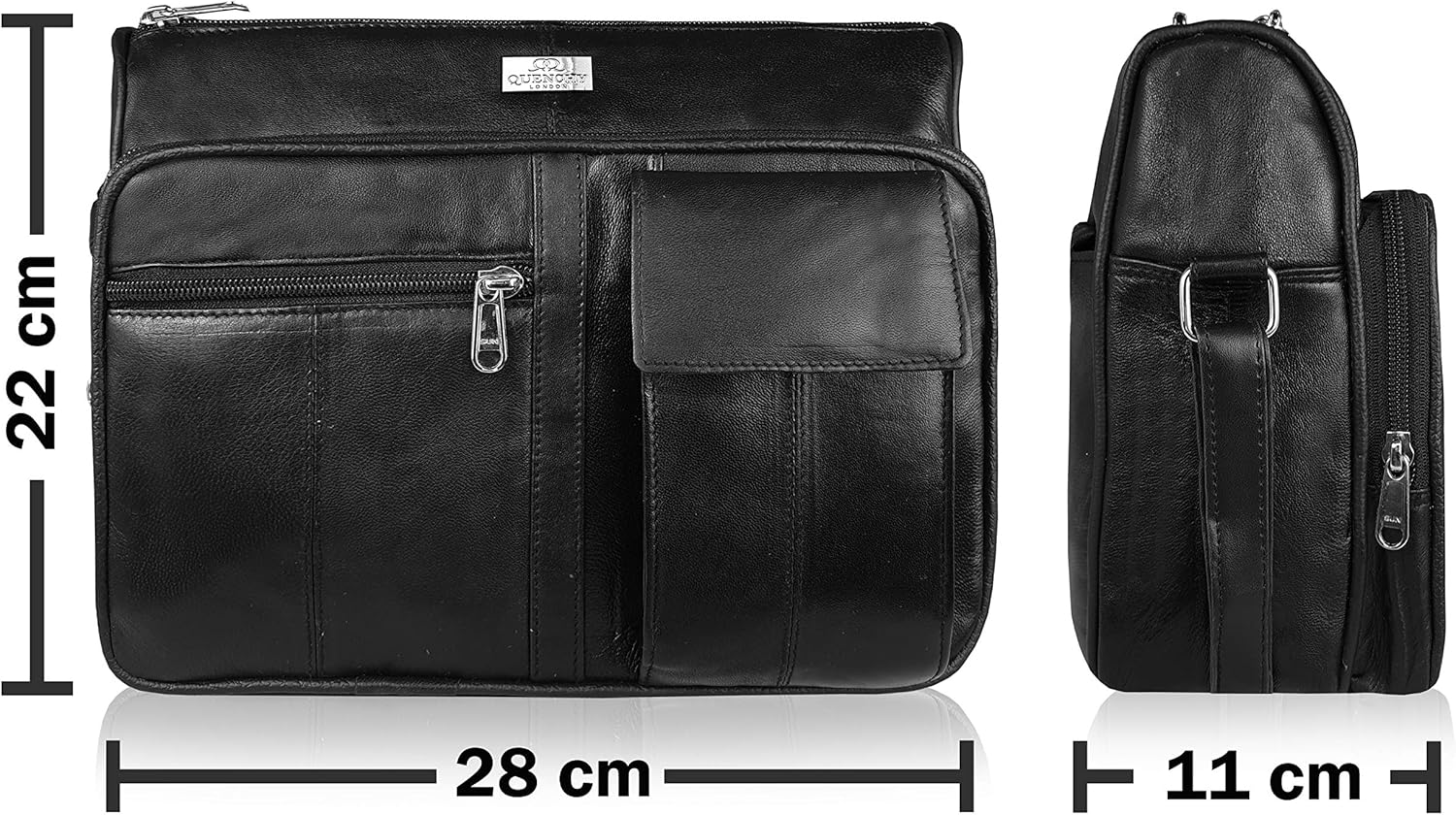 Quenchy London Ladies Real Leather Handbag - Cross Body Shoulder Hand Bag with 6 Pockets – Large Phone Holder – Single Adjustable Across Chest Strap - Designer Satchel Side Style - QL189M