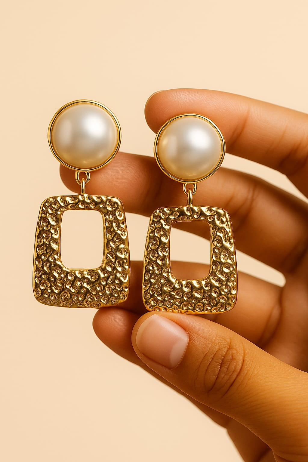 Textured Gold Rectangle Pearl Drop Earrings – Luxury Statement Dangle Earrings