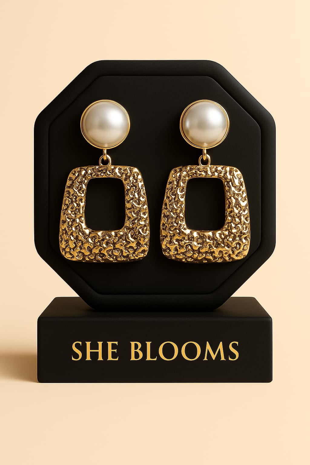 Textured Gold Rectangle Pearl Drop Earrings – Luxury Statement Dangle Earrings