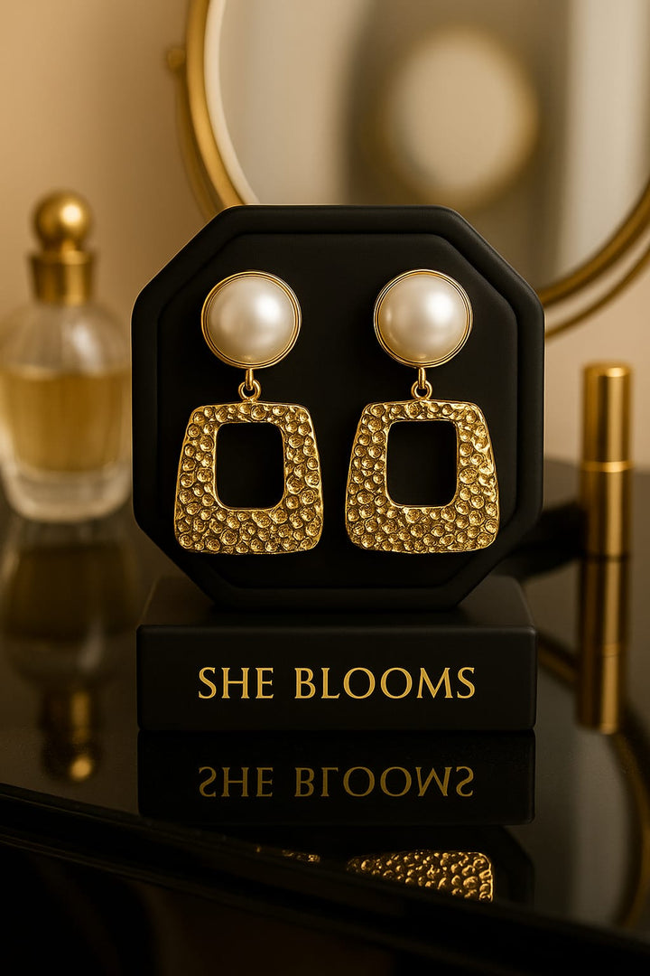 Textured Gold Rectangle Pearl Drop Earrings – Luxury Statement Dangle Earrings