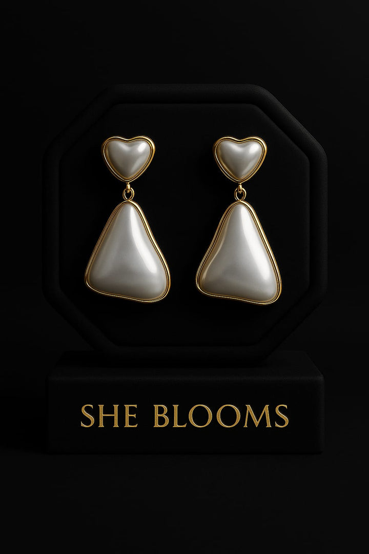 Heart-Pearl Luxe Drop Earrings – Gold Plated Statement Romance Drops | SheBlooms Jewellery