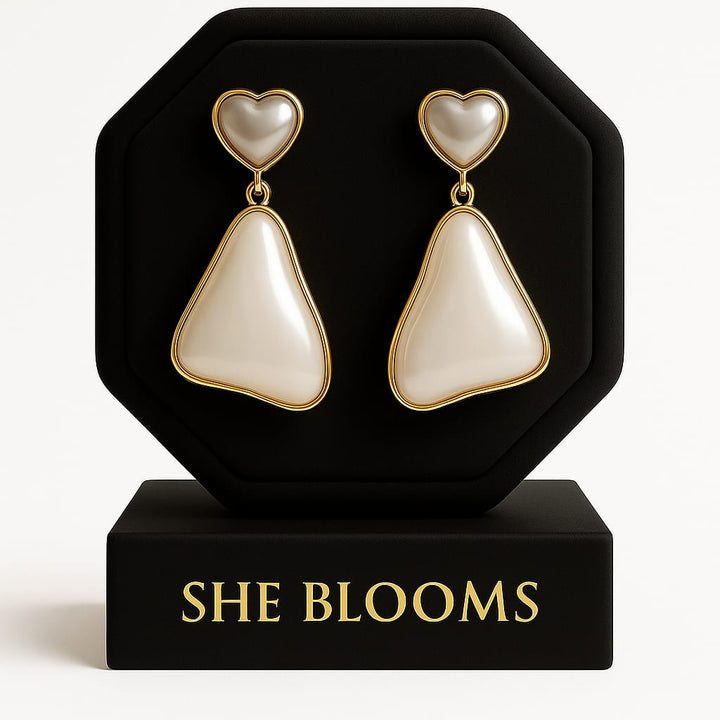 Heart-Pearl Luxe Drop Earrings – Gold Plated Statement Romance Drops | SheBlooms Jewellery