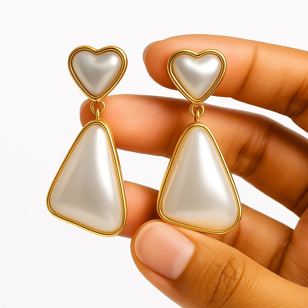 Heart-Pearl Luxe Drop Earrings – Gold Plated Statement Romance Drops | SheBlooms Jewellery